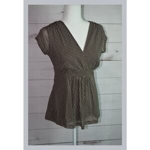 New York & Company Brown Dot Wrap V-Neck Princess Waist Cap Sleeve Blouse SZ M